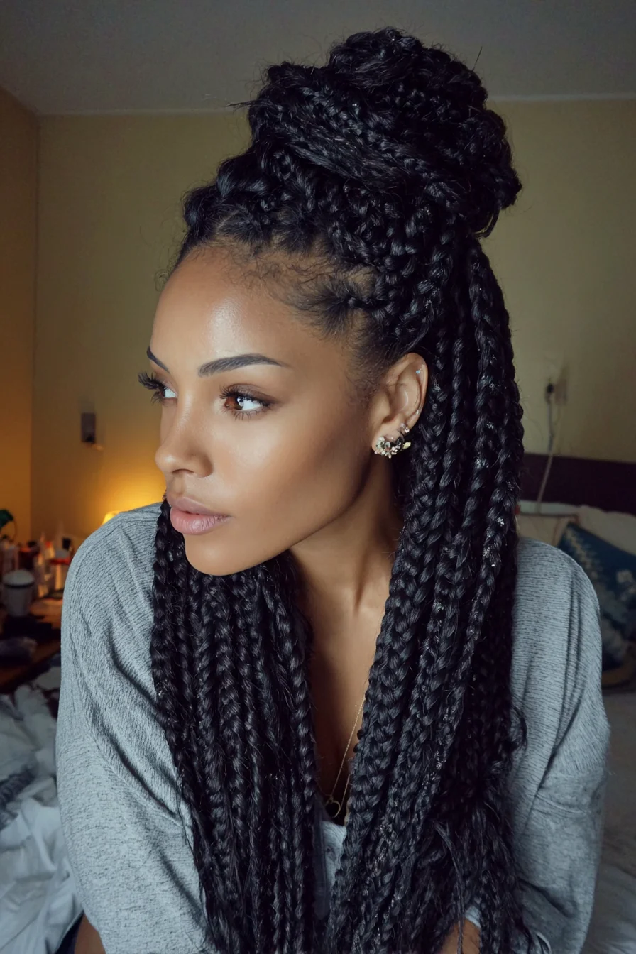 Half-Up Long Box Braids with High Top Knot — Protective Braided Style