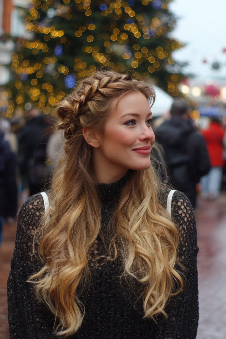 Half-Up Pancaked Dutch Crown Braid with Loose Beachy Waves
