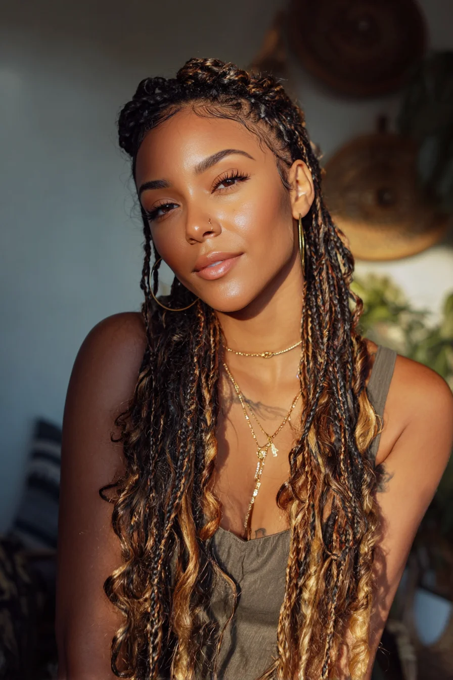Half-Up Rope Twists with Loose Curly Ends and Honey Highlights