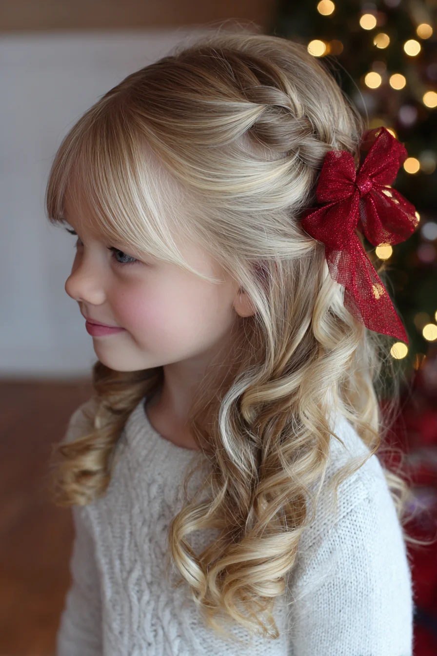 Half-Up Side French Braid with Soft Barrel Curls and Decorative Bow