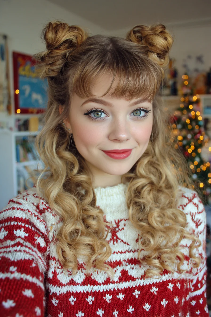 Half-Up Space Buns with Defined Ringlet Curls