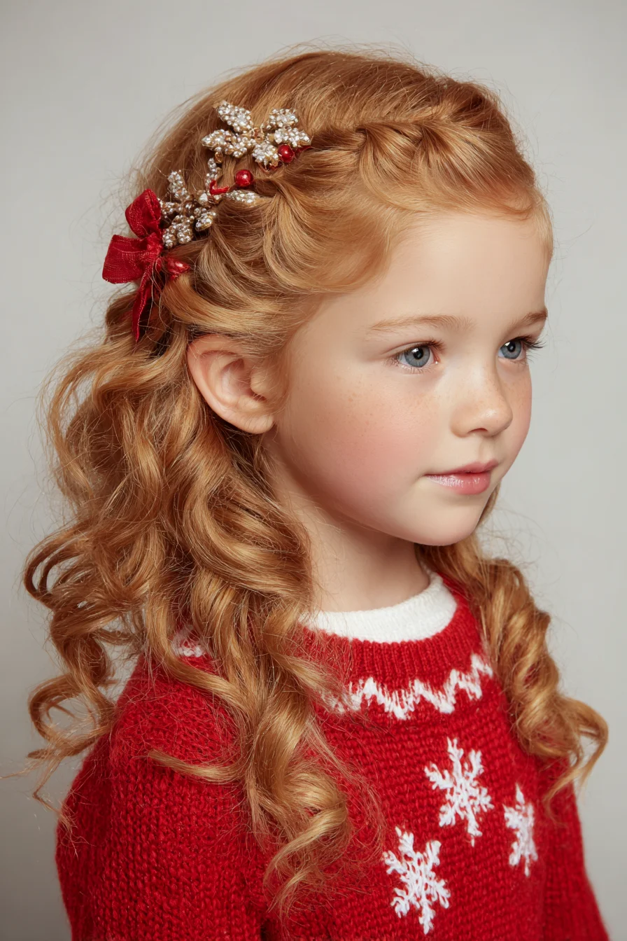 Half-Up Twisted Crown with Loose Ringlet Curls and Festive Hairpiece