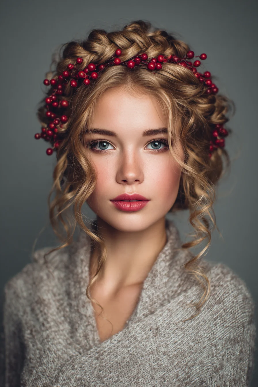 Halo Crown Braid Updo with Romantic Face‑Framing Curls
