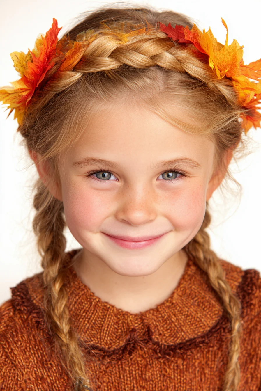 Halo Crown Braid with Double Braids and Fall Leaf Accents