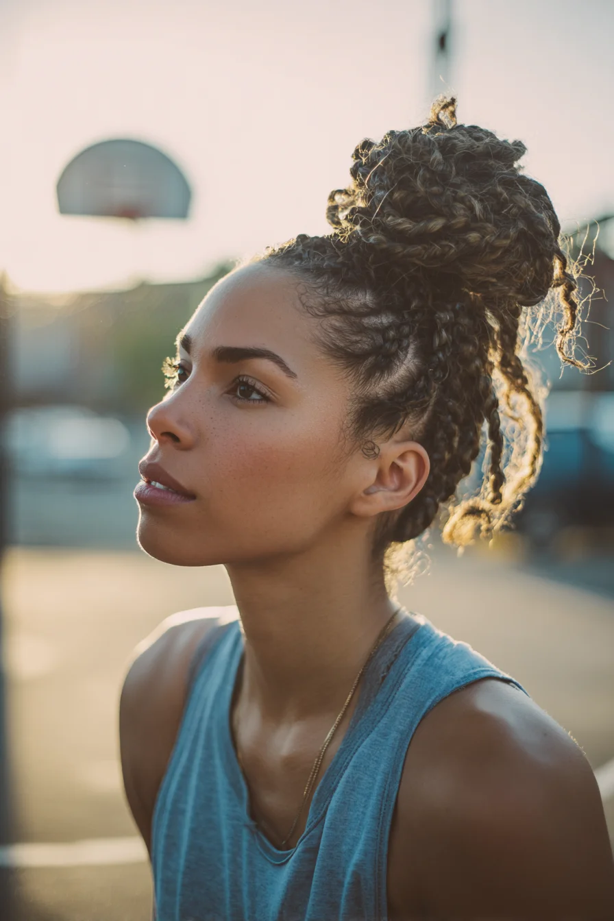 High Braided Bun with Cornrows and Box Braids — Textured Protective Updo
