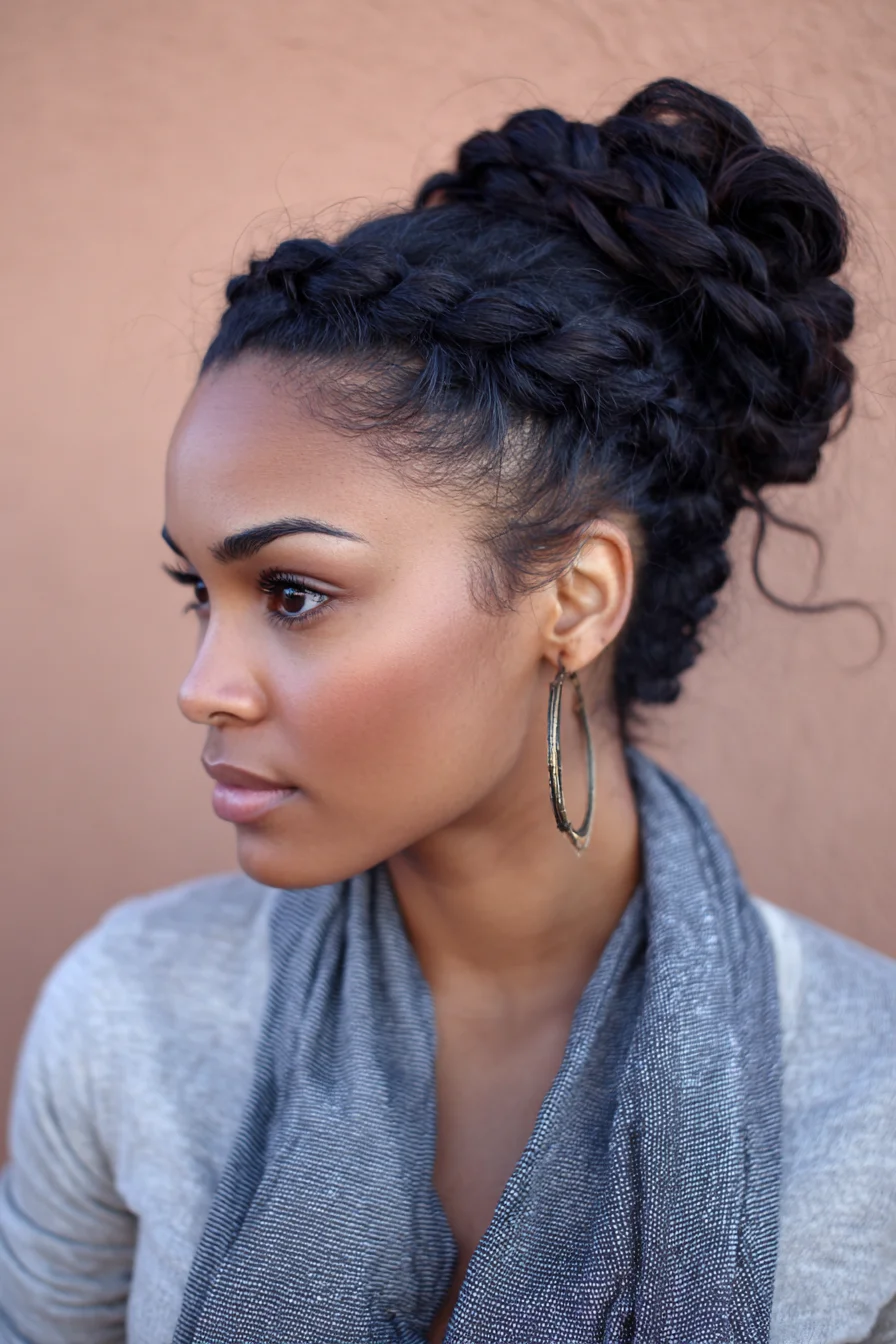 High Braided Bun with Crown Dutch Braids for Textured Hair