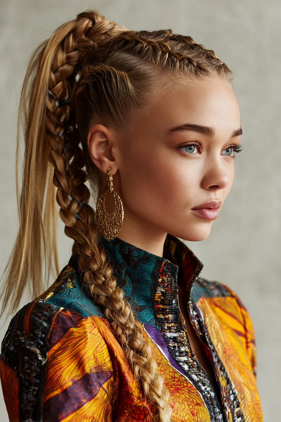 High Braided Ponytail with Cornrows and Long Three‑Strand Plait
