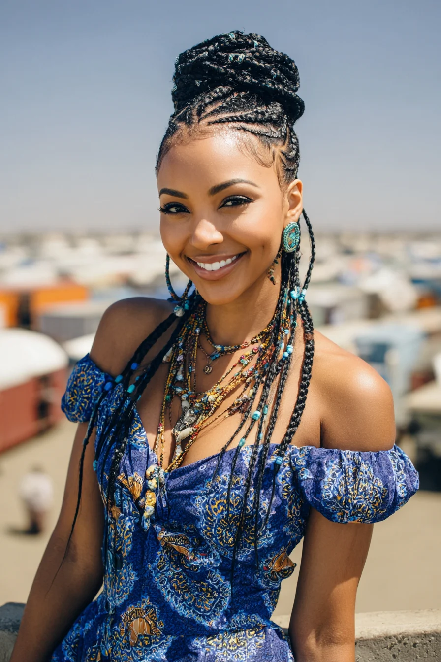 High Feed-In Cornrow Bun with Long Beaded Braids