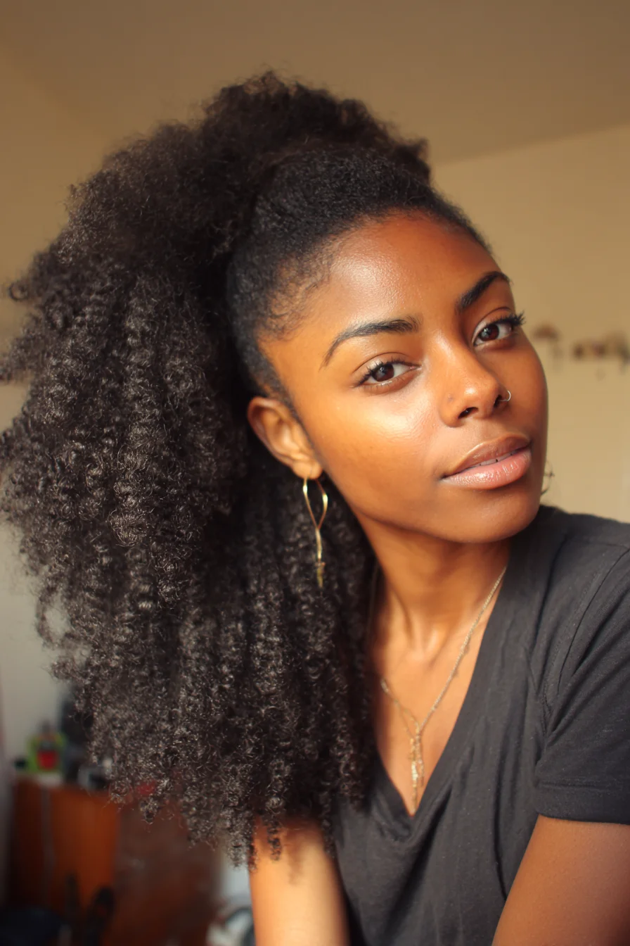 High Voluminous Natural Ponytail — Defined Curls for 3B–4C Hair