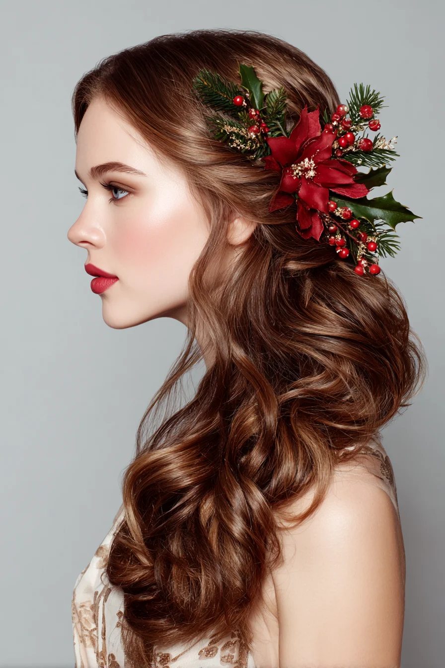 Holiday Half-Up Romantic Waves with Festive Floral Hairpiece