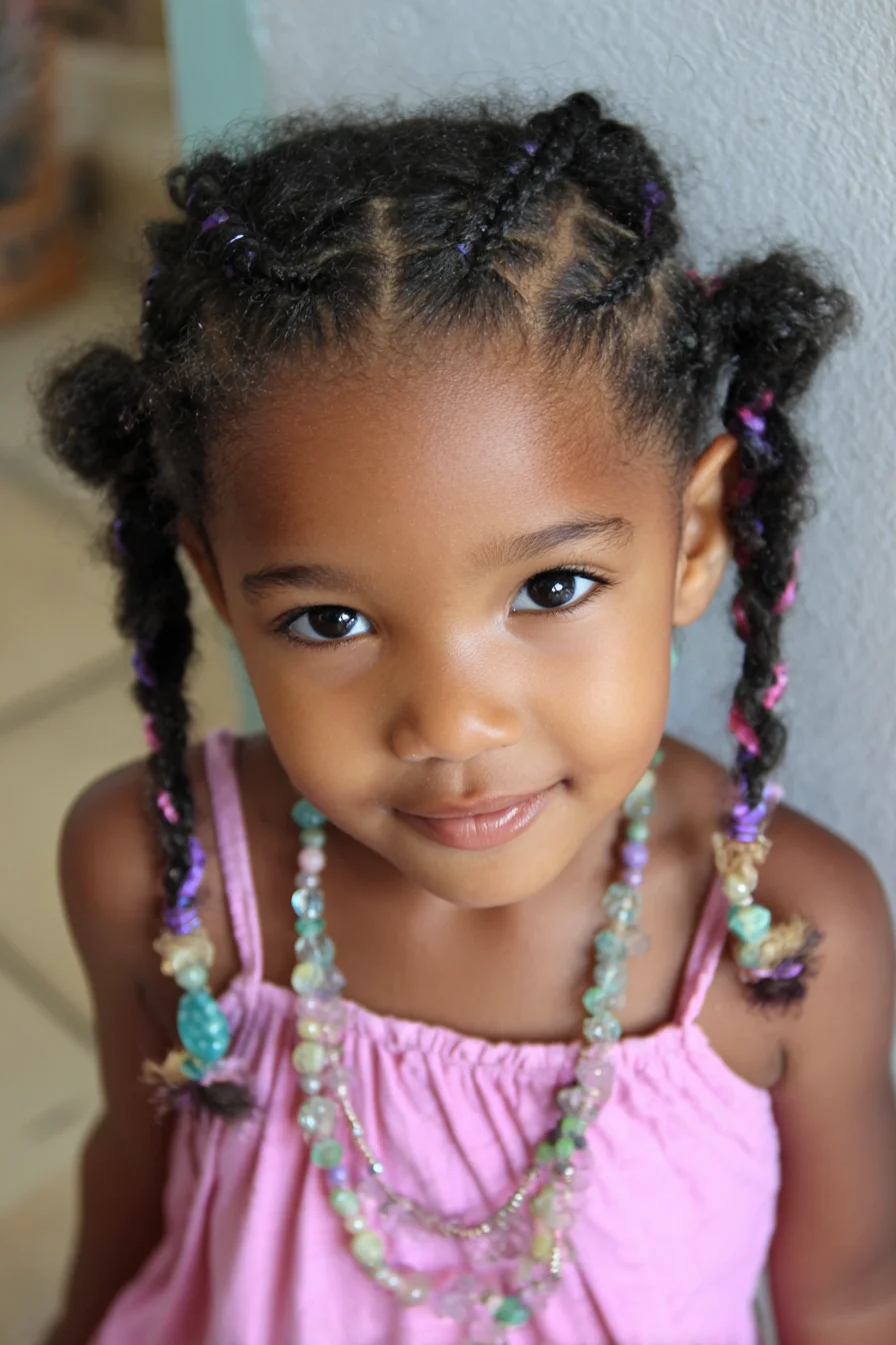 Kids Cornrow Rows with Two-Strand Twists and Color Thread Accents