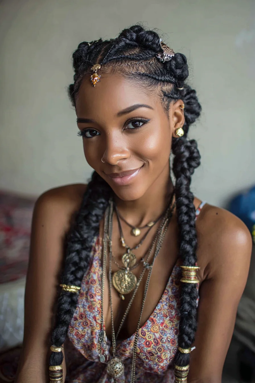 Knotless Feed-In Jumbo Braids with Bantu-Knot Accents and Hair Cuffs