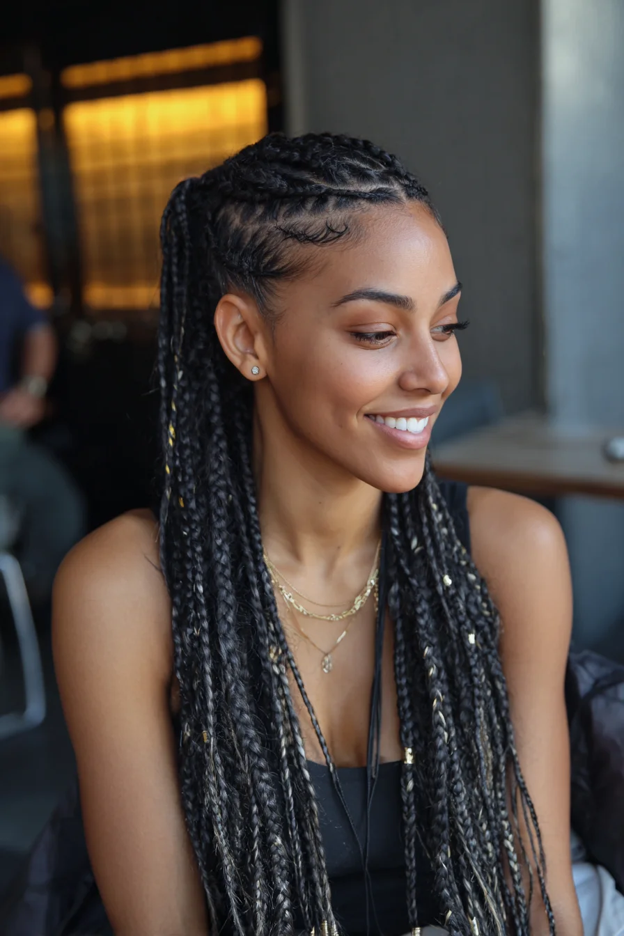 Knotless Long Box Braids with Cornrowed Feed-In and Blonde Accents