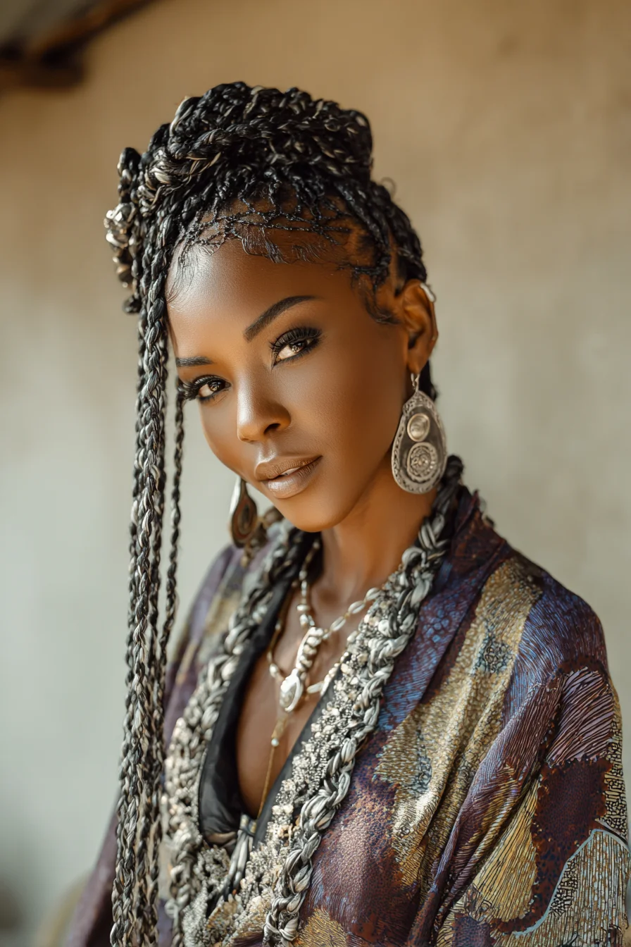 Knotless Long Box Braids with High Crown Bun and Face‑Framing Twists