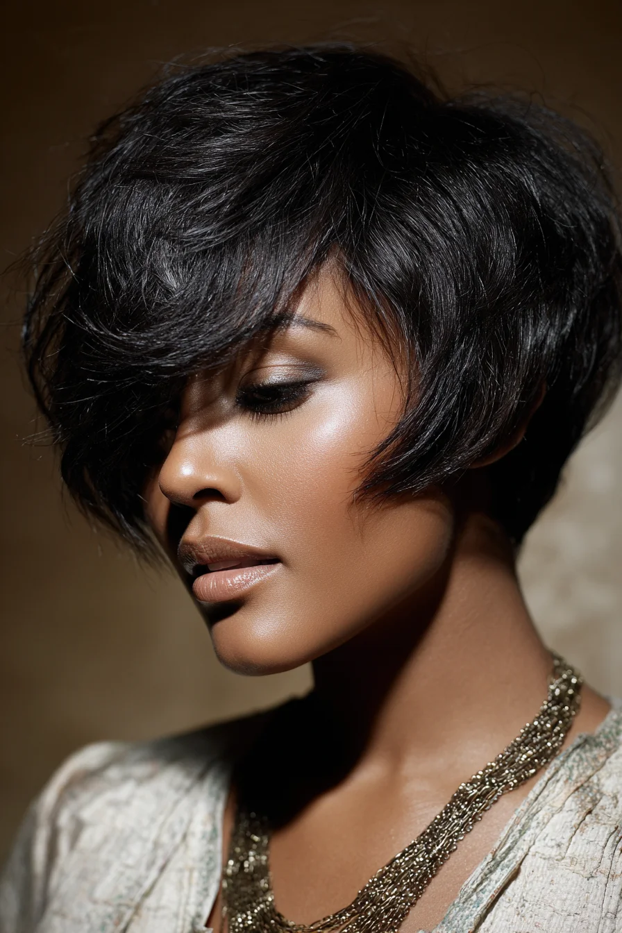Layered Angled Bob with Side-Swept Fringe and Textured Ends