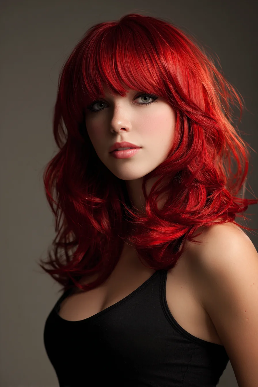 Layered Shoulder-Length Cut with Full Fringe and Soft Textured Waves