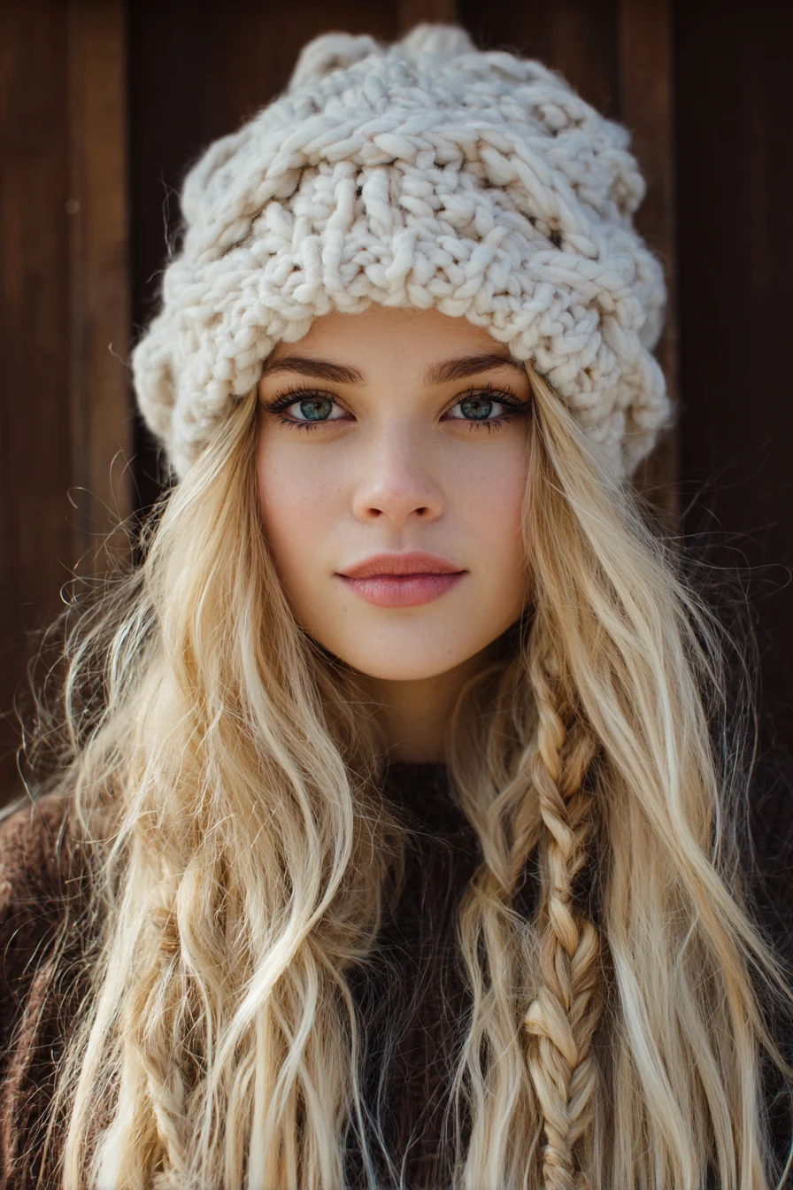 Long Beachy Waves with Loose Side Micro Braid — Hat-Friendly Textured Look