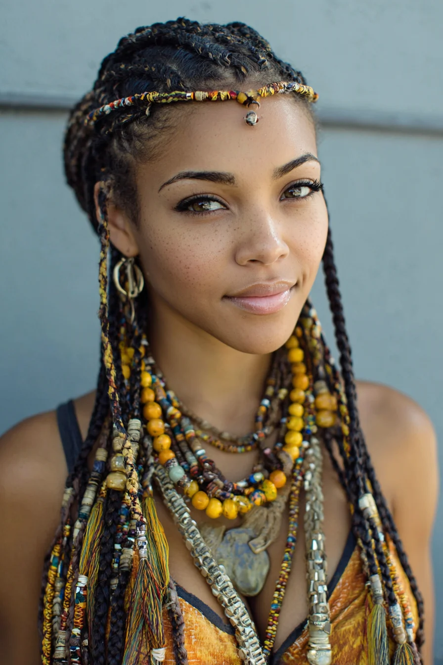 Long Beaded Box Braids with Fabric Wraps and Thread Accents