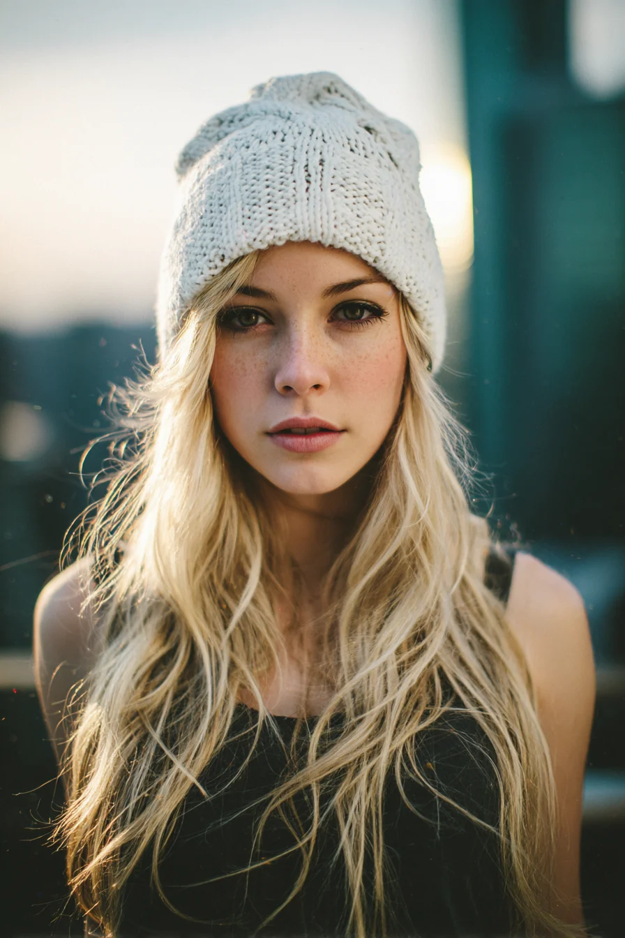 Long Blonde Beach Waves with Textured Layers — Beanie-Friendly Look