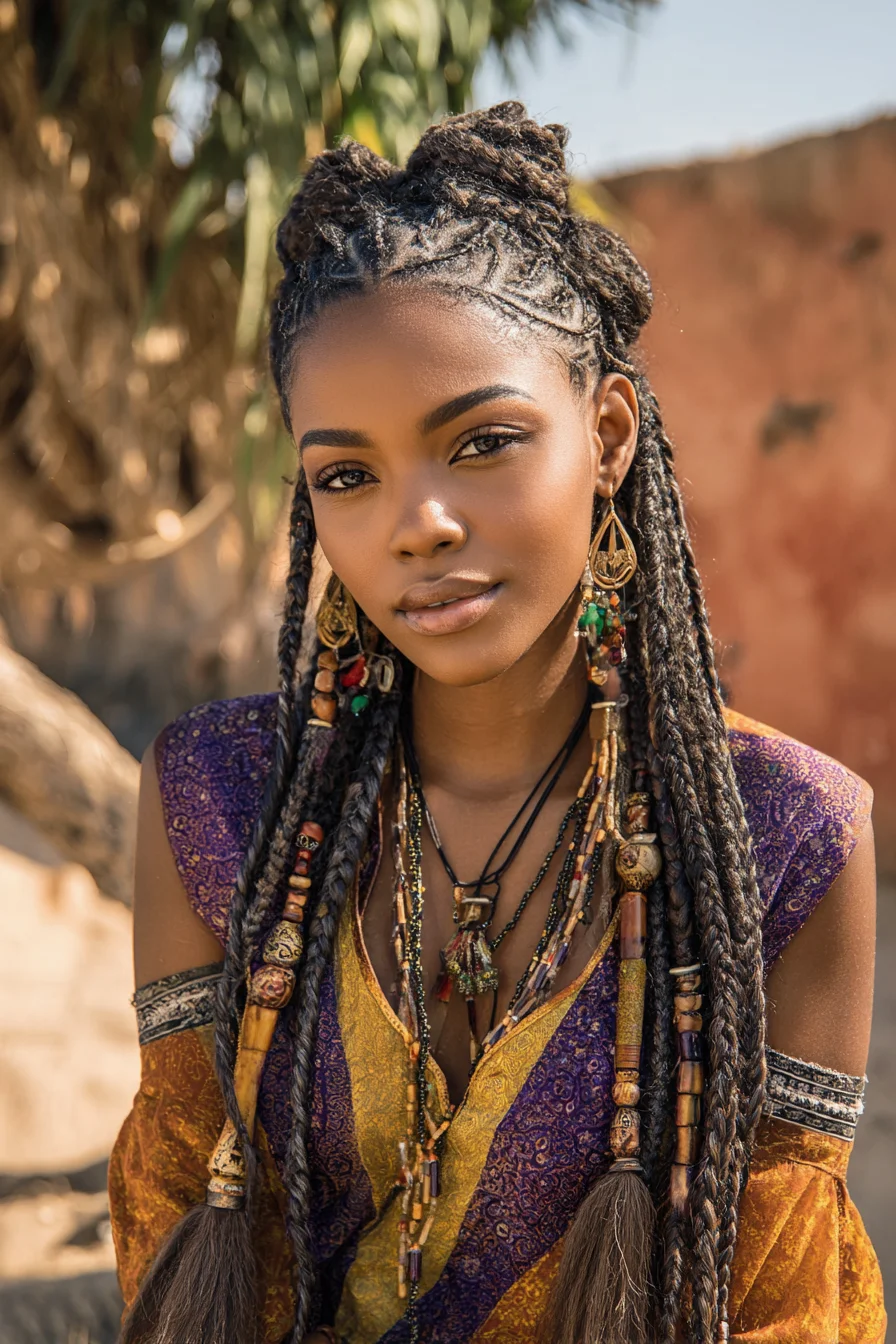 Long Box Braids with Beaded Ends and Top-Knot Accents