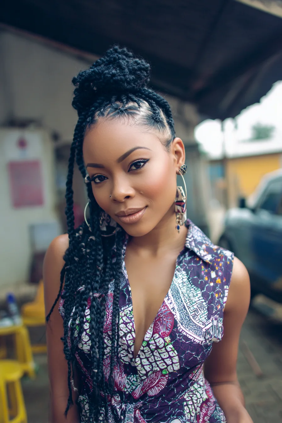 Long Box Braids with Cornrow Top Knot — Half-Up High Bun Style