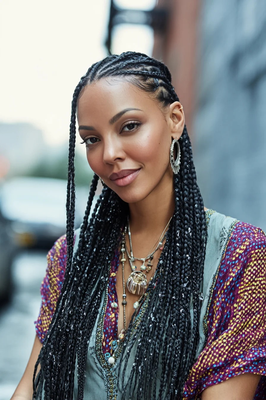 Long Box Braids with Feed-In Cornrows and Sculpted Baby Hairs