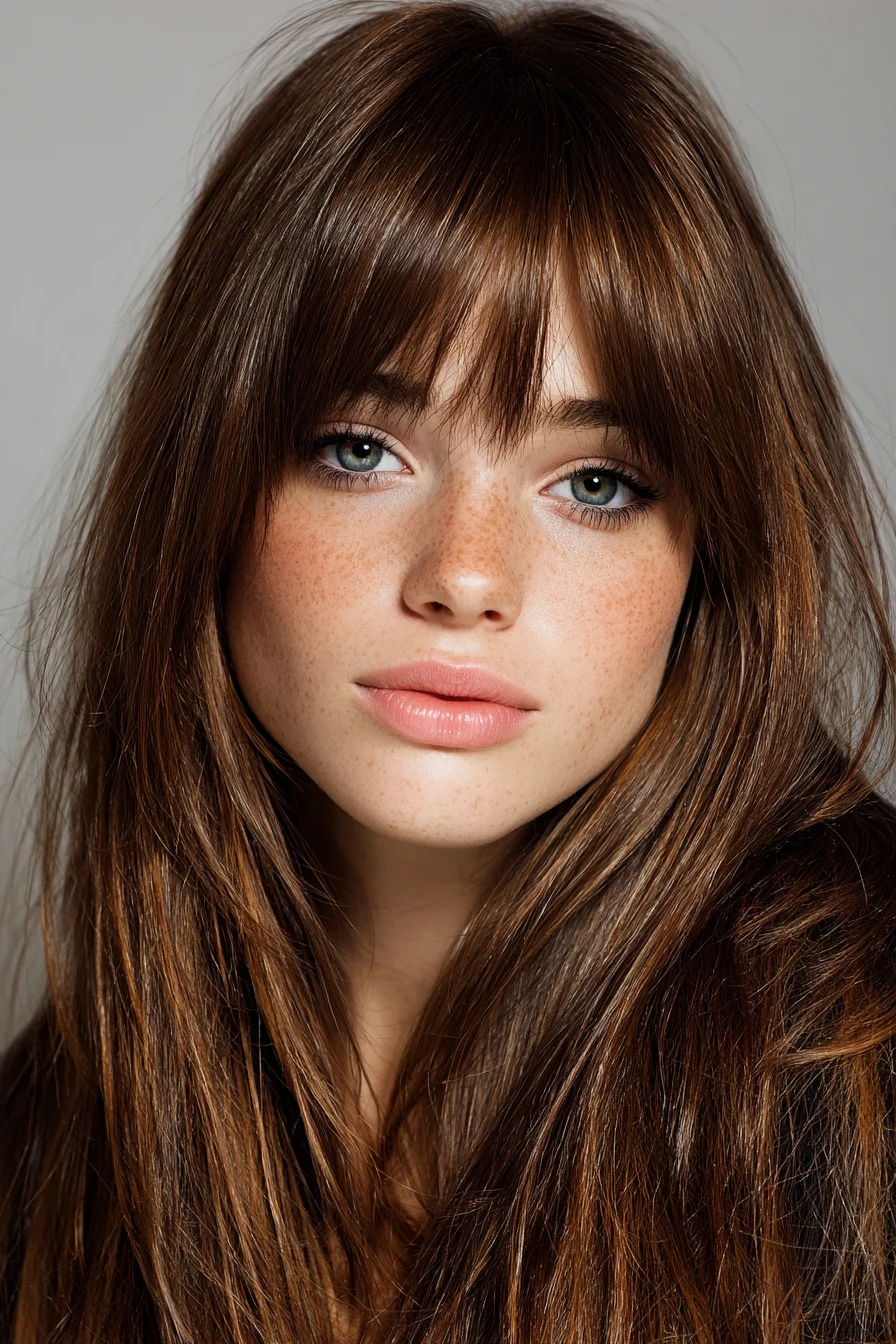 Long Chestnut Layers with Soft Curtain Bangs