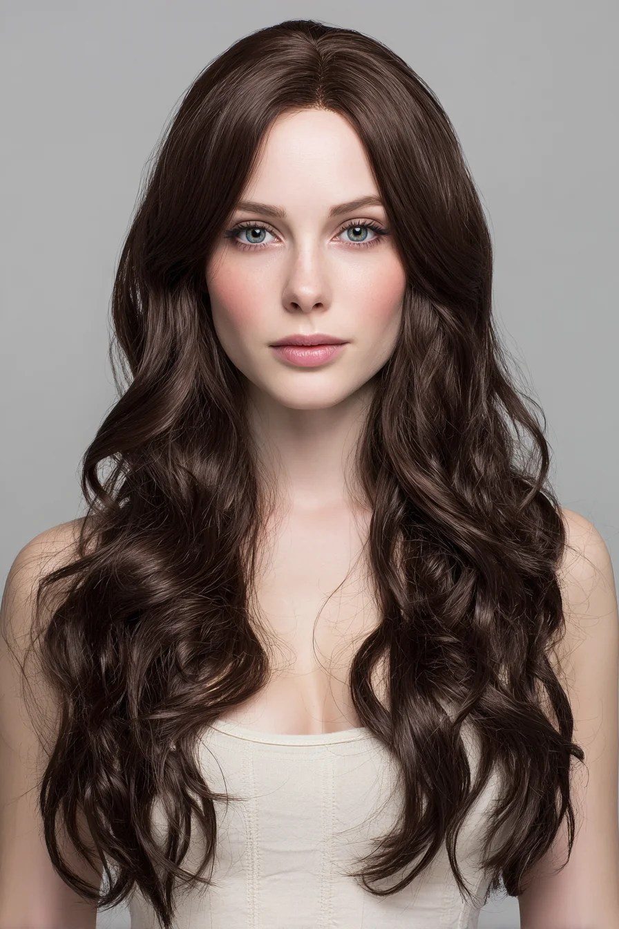 Long Chocolate Brown Layers with Loose Beach Waves and Center Part