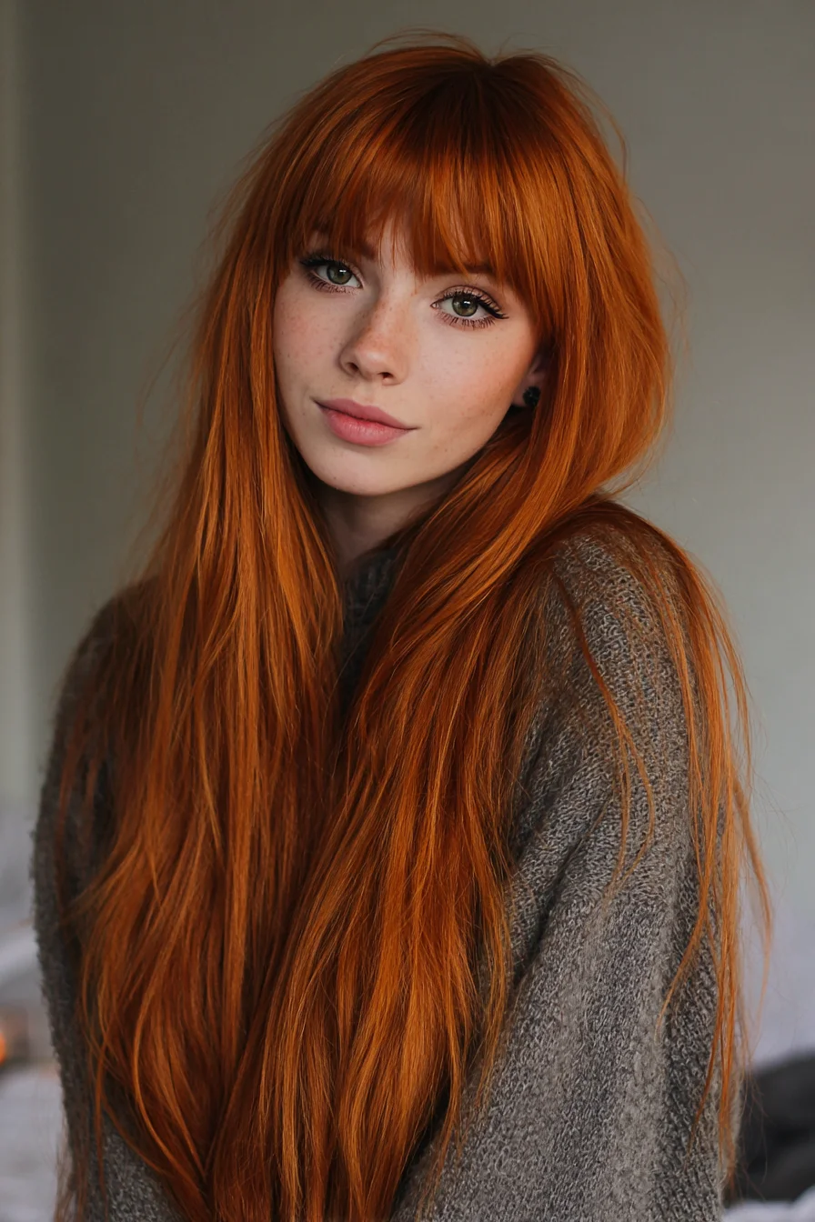 Long Copper-Red Hair with Full Blunt Bangs