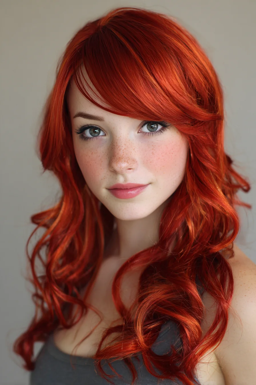 Long Copper-Red Layered Waves with Side-Swept Bangs