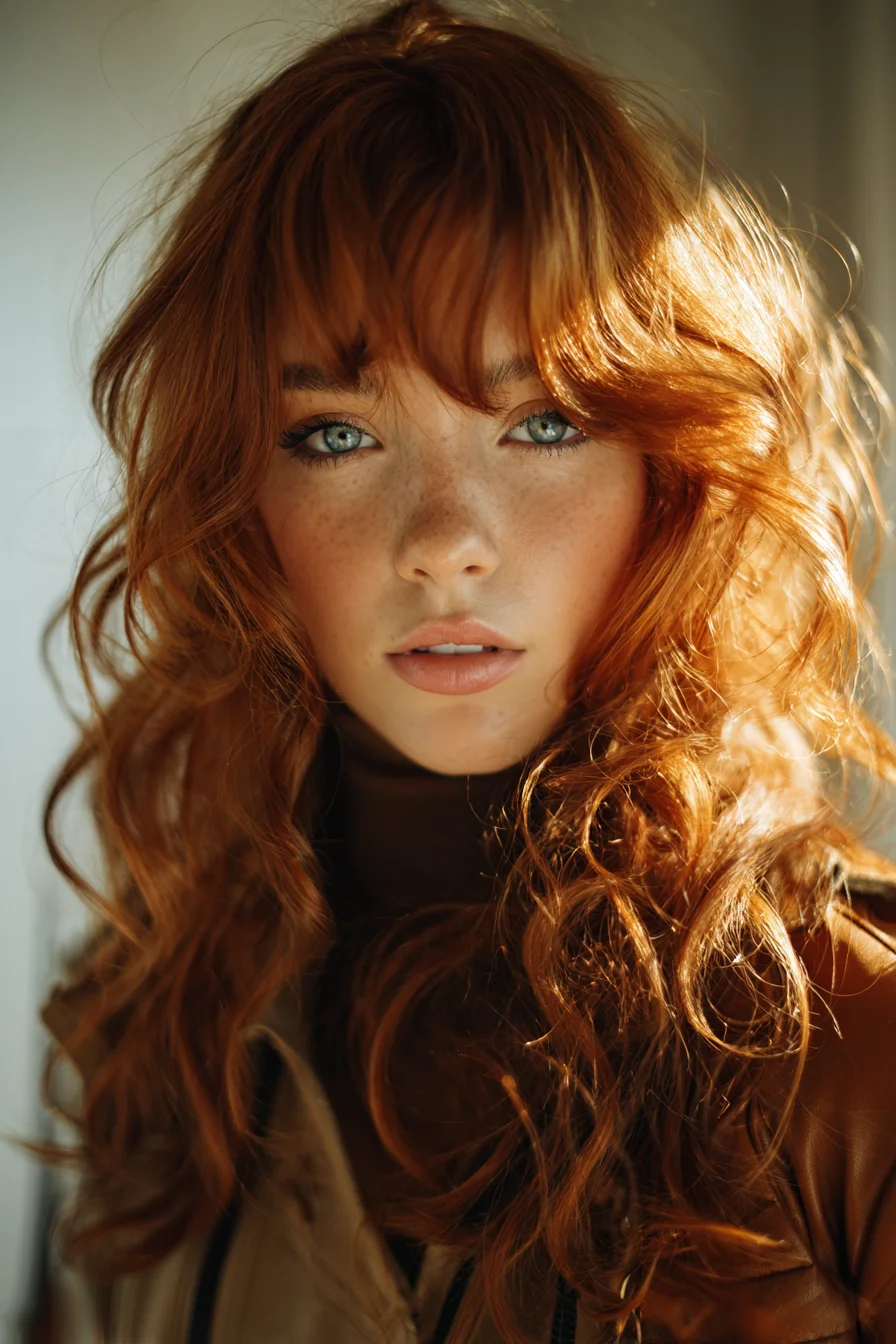 Long Copper Waves with Curtain Bangs and Textured Layers