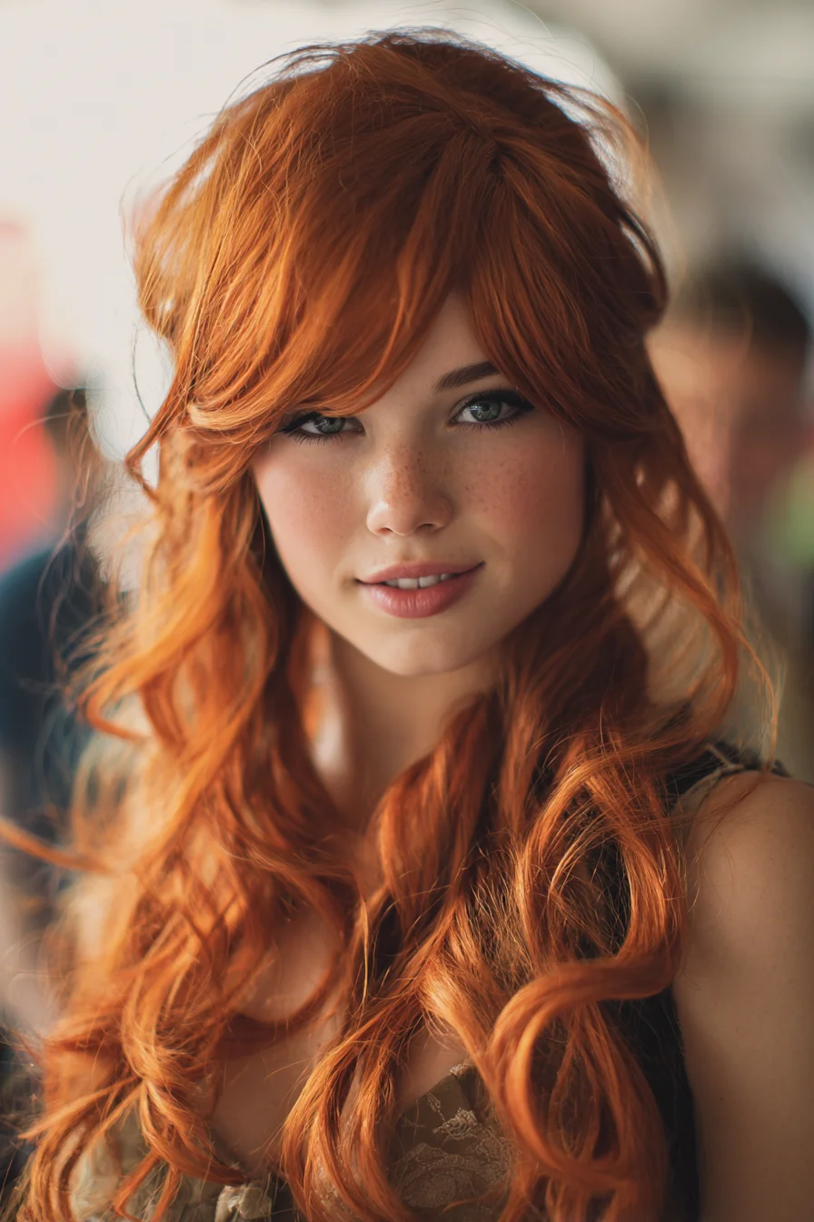 Long Copper Waves with Face‑Framing Layers and Curtain Bangs