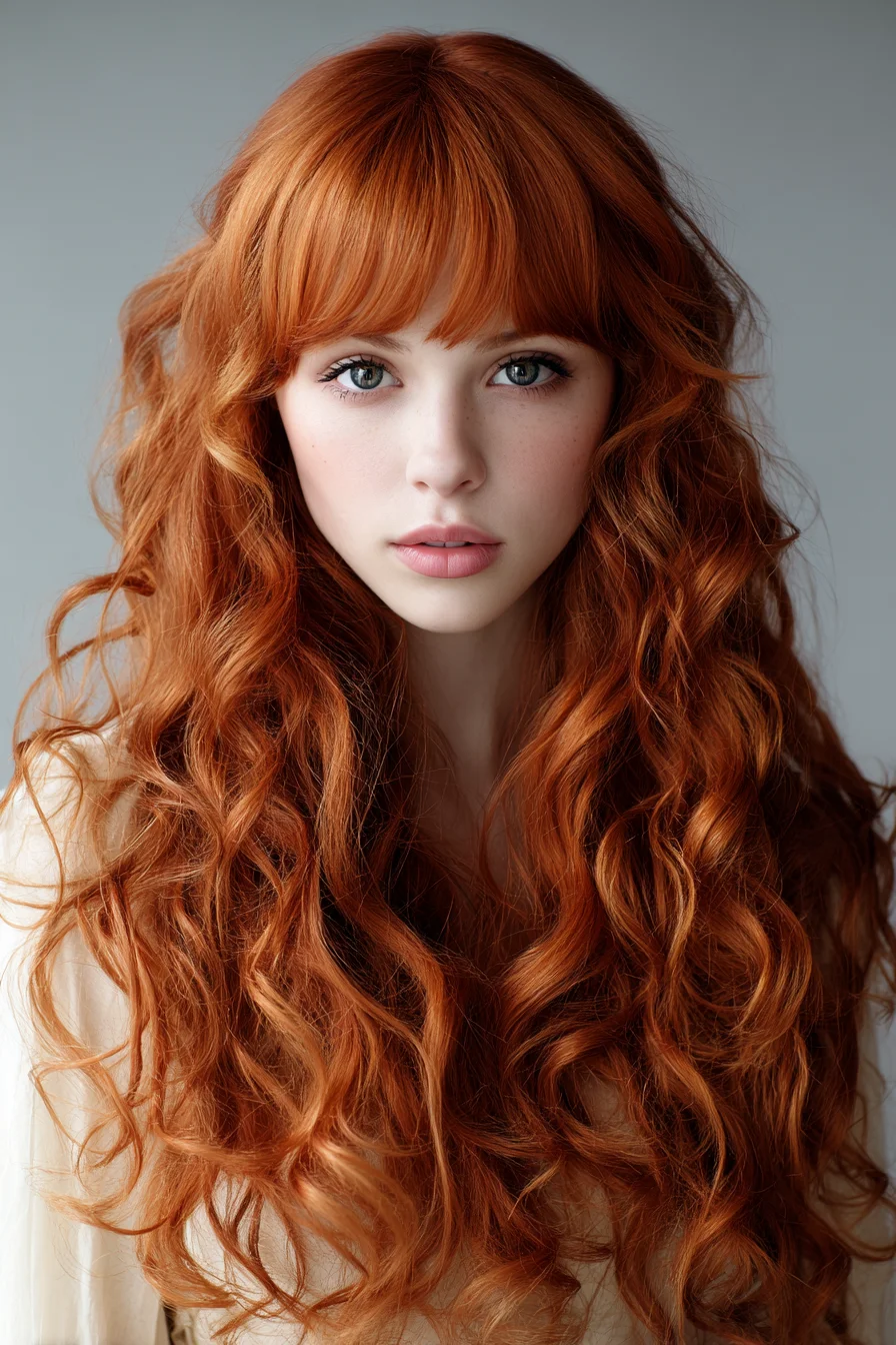 Long Copper Waves with Soft Blunt Bangs