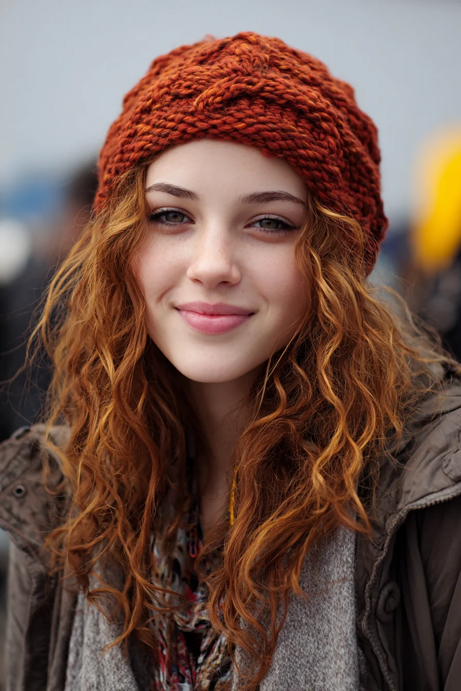 Long Copper Waves with Tousled Texture (Beanie-Friendly Style)
