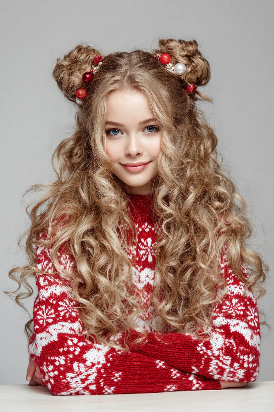 Long Curly Half-Up Space Buns with Decorative Bead Accents