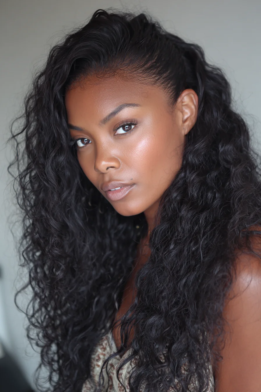 Long Deep-Wave Curly Hair — Side-Swept Texture with Defined Curls
