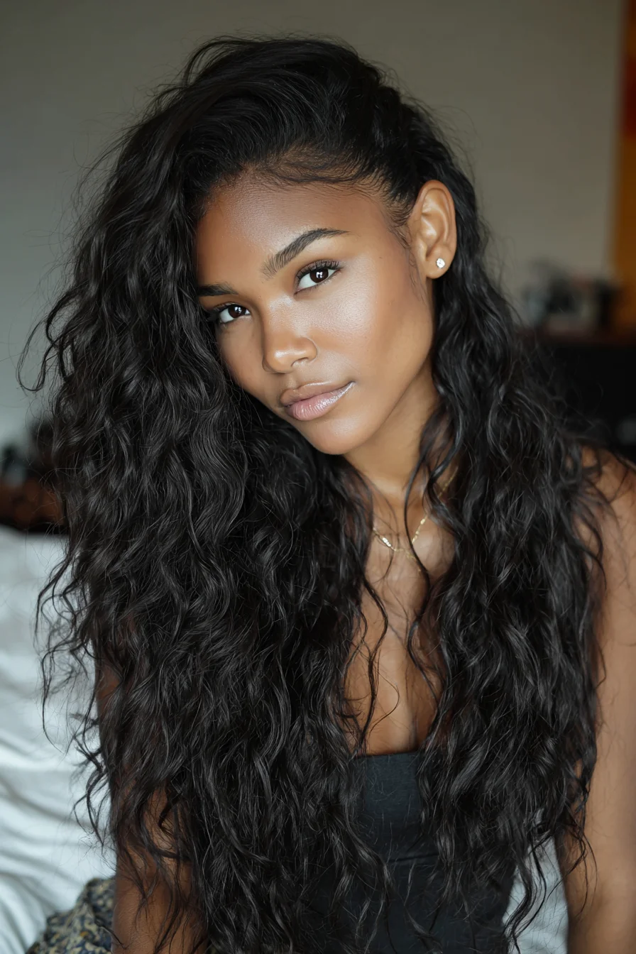 Long Deep-Wave Texture with Side-Swept Volume for Thick, Curly Hair