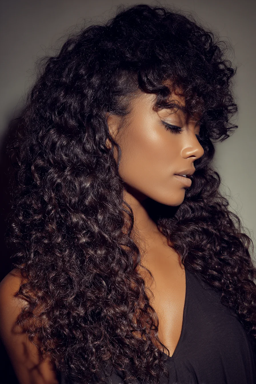 Long Defined Curly Hair with Layered Face‑Framing Bangs