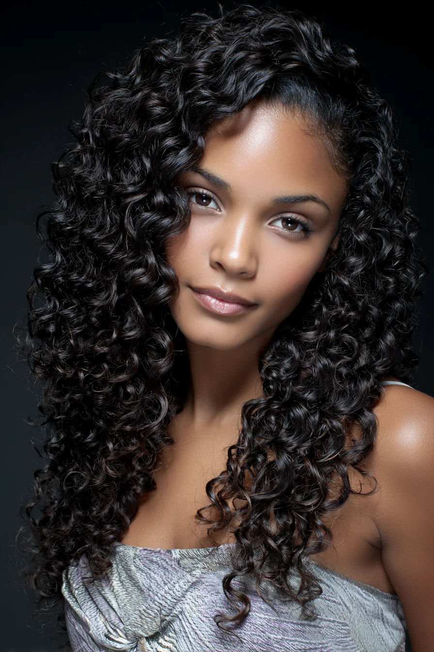 Long Defined Spiral Curls with Deep Side Part
