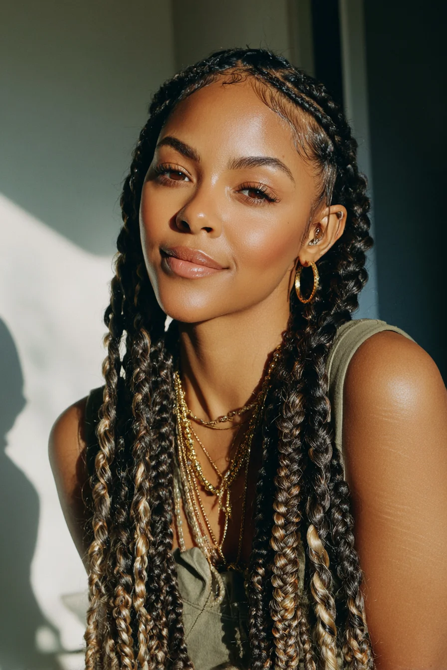 Long Feed‑In Box Braids with Blonde Highlights and Sleek Edges