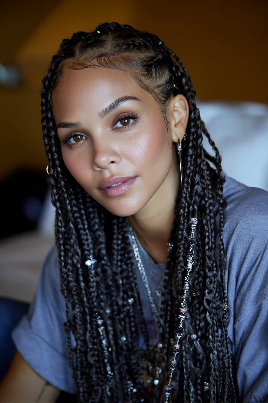 Long Feed‑In Box Braids with Edge Styling and Bead Accents