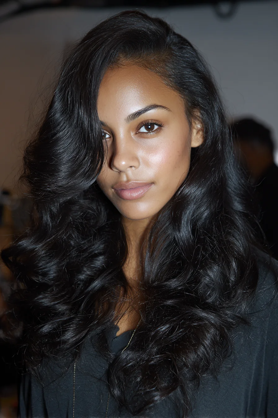 Long Glossy Side-Parted Hollywood Waves