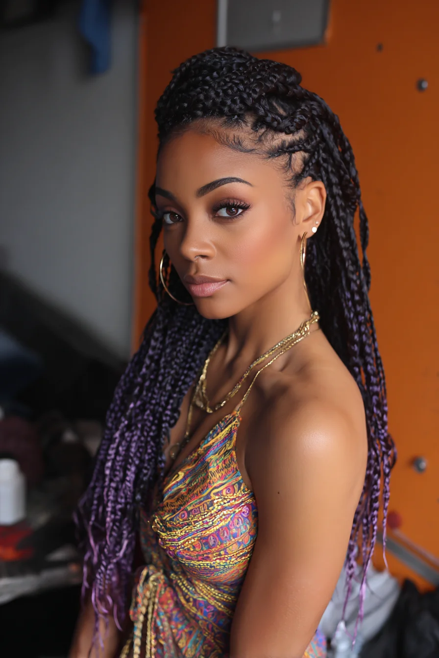 Long Knotless Box Braids with Purple Ombre and Half‑Up Top Knot