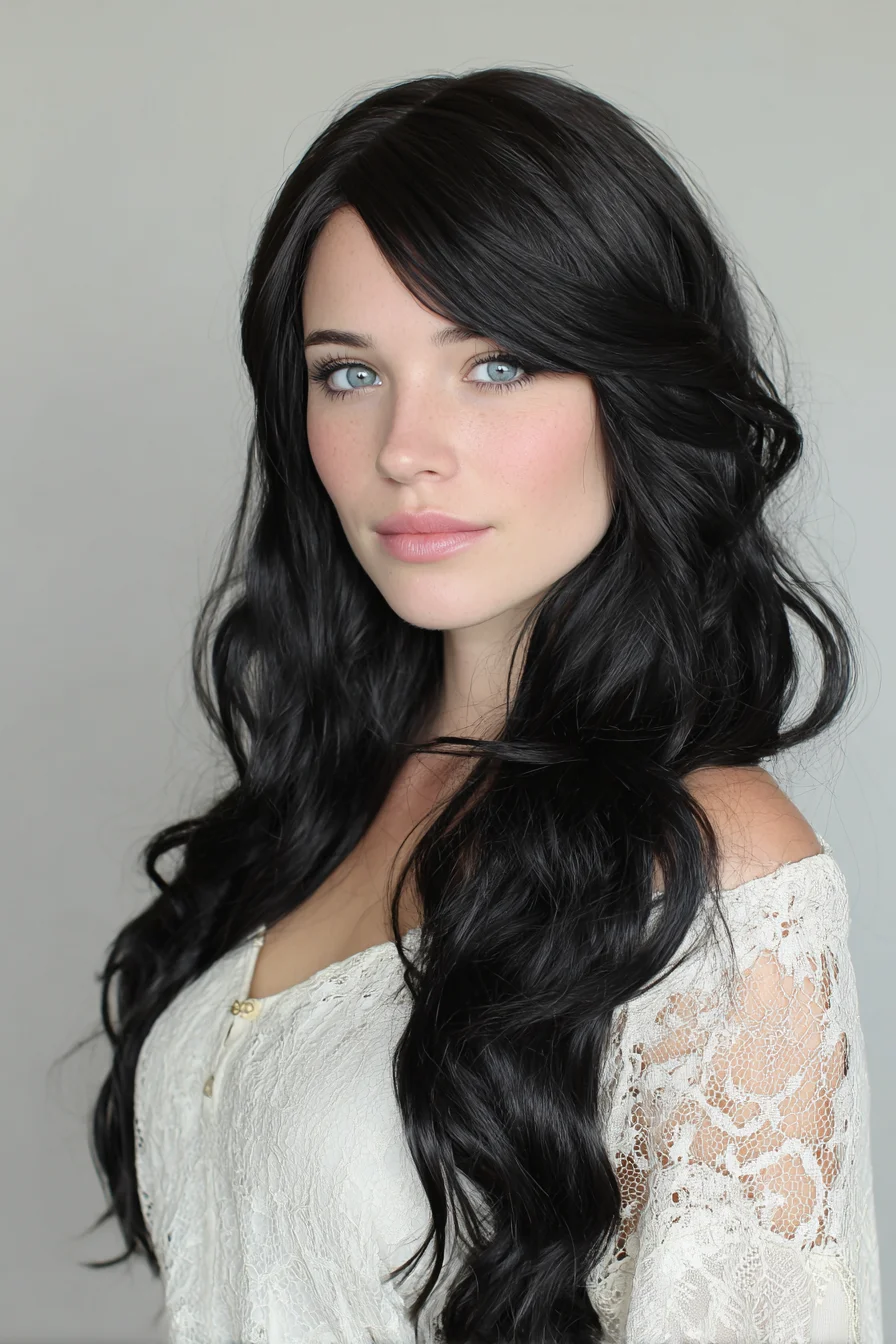 Long Layered Black Waves with Soft Side-Swept Fringe
