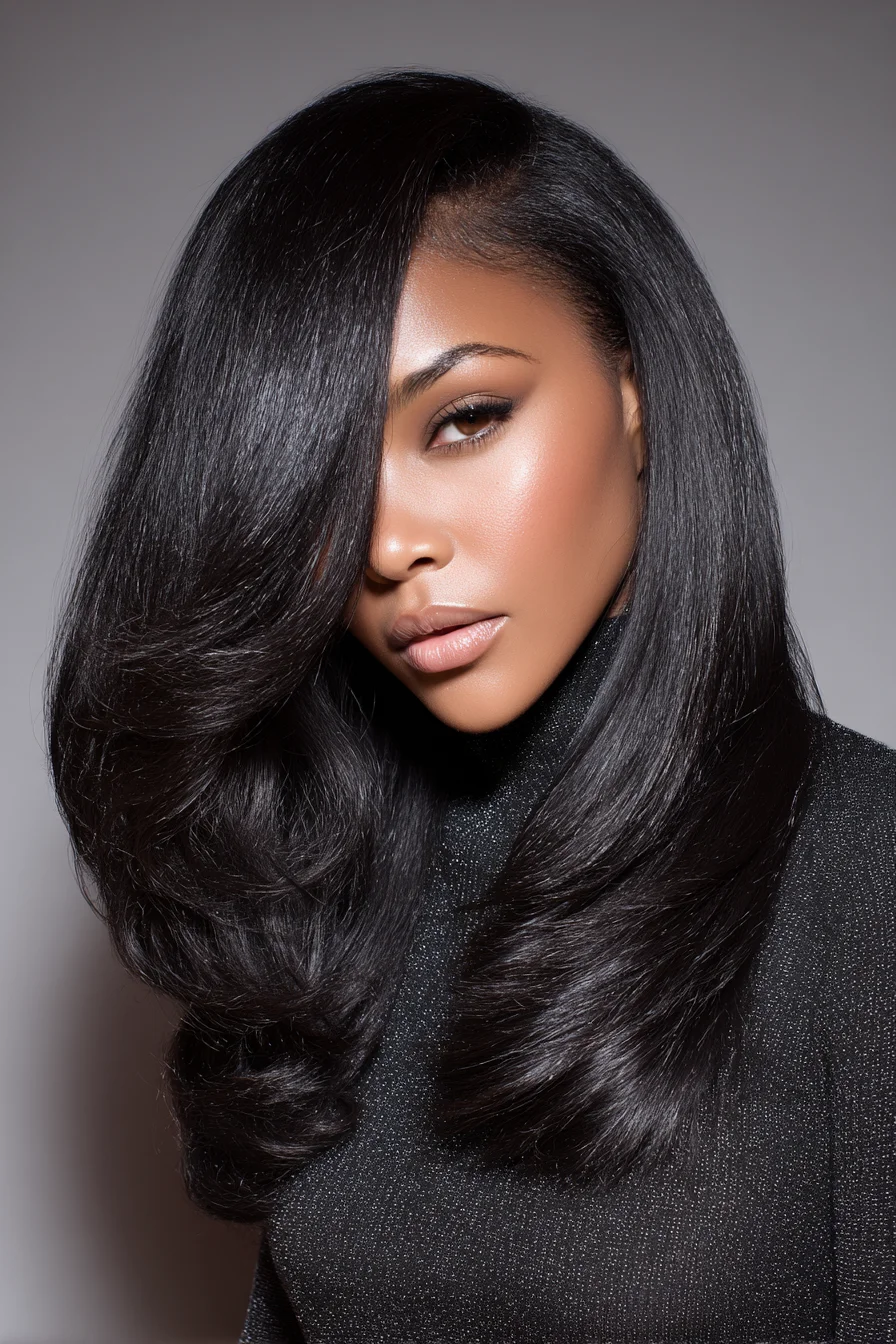 Long Layered Blowout with Deep Side Part — Sleek, Voluminous Finish