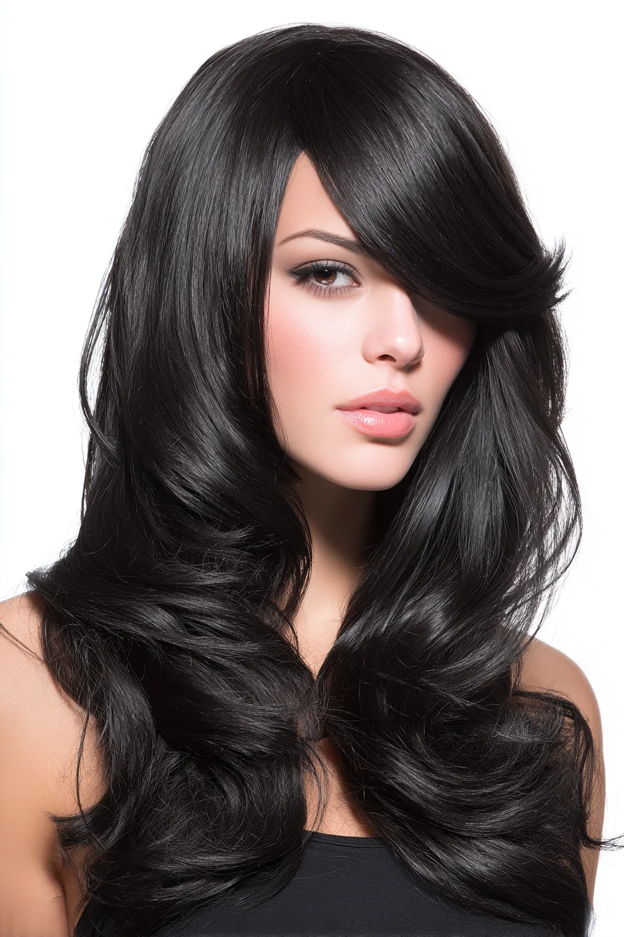 Long Layered Blowout with Side‑Swept Fringe and Soft Voluminous Waves