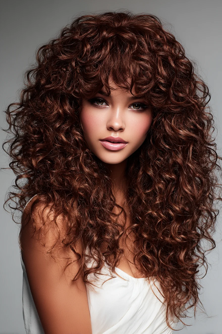 Long Layered Chestnut Curls with Face‑Framing Curtain Bangs
