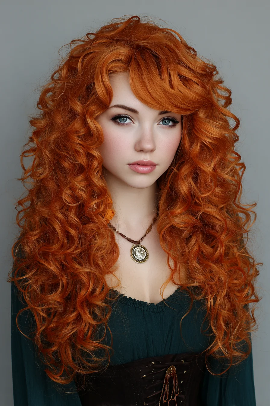 Long Layered Copper-Red Curls with Side Curtain Bangs