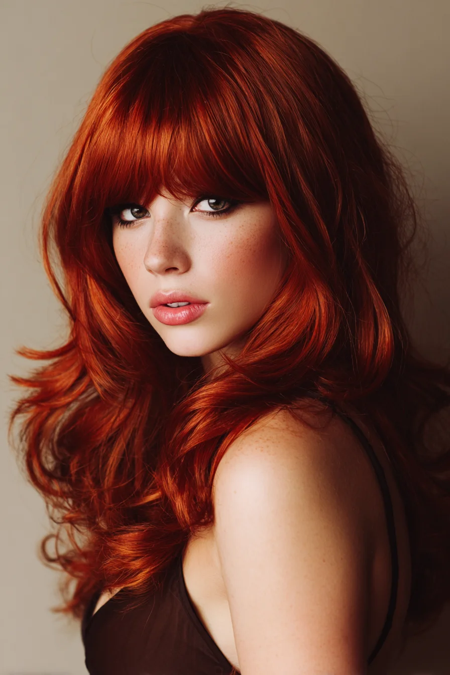 Long Layered Copper Red Hair with Full Fringe and Soft Waves