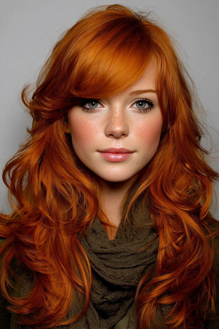 Long Layered Copper-Red Hair with Side-Swept Fringe and Loose Waves